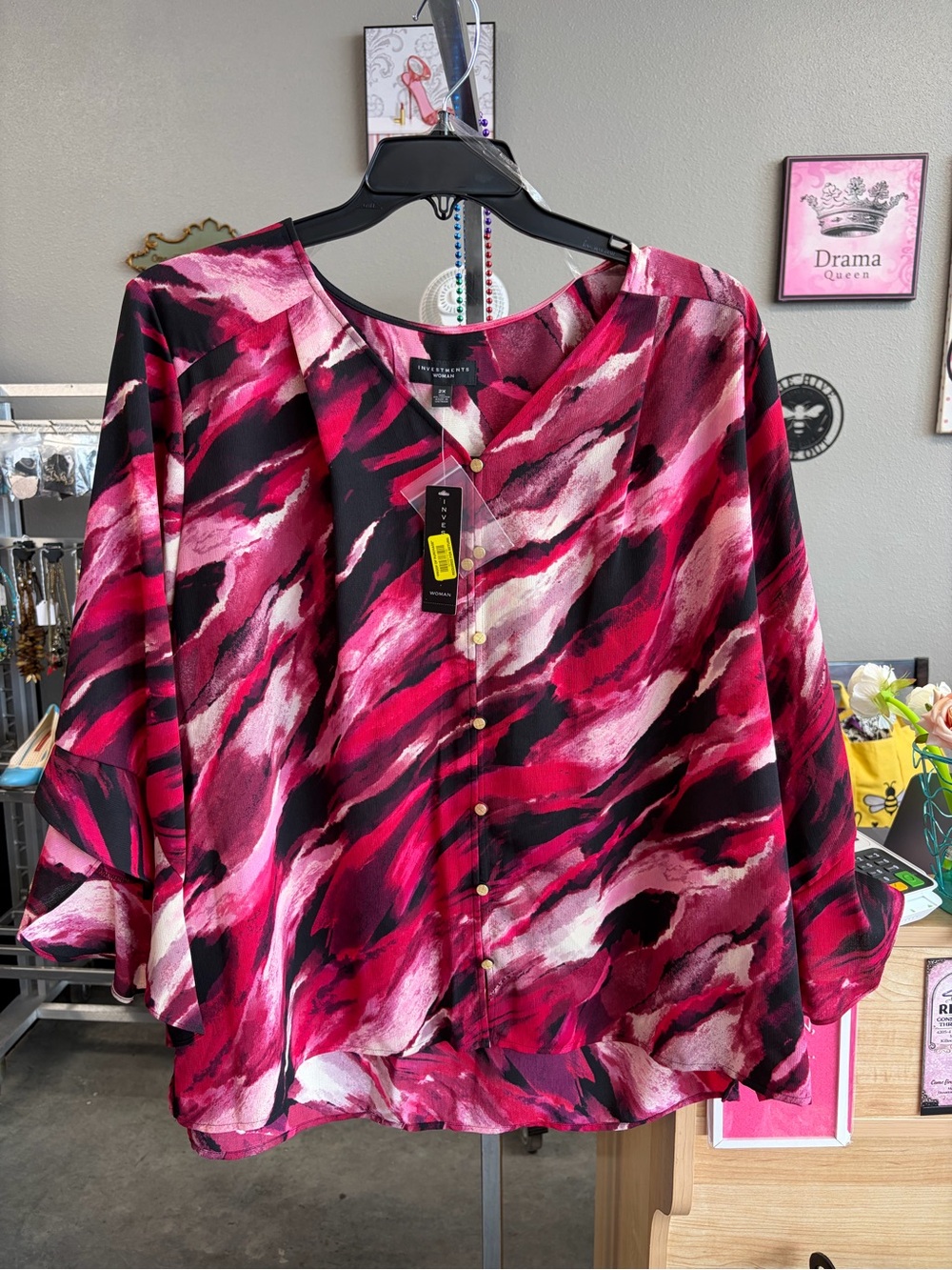 Investments Pink Multi-Color Abstract Button-Front Blouse